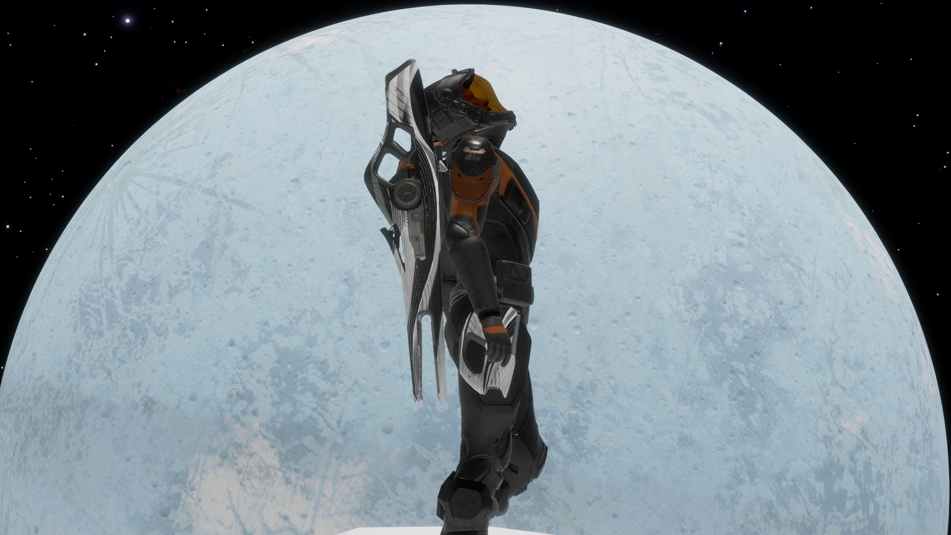 Elite Dangerous Commander searching the stars from planet Reienadi 8c
